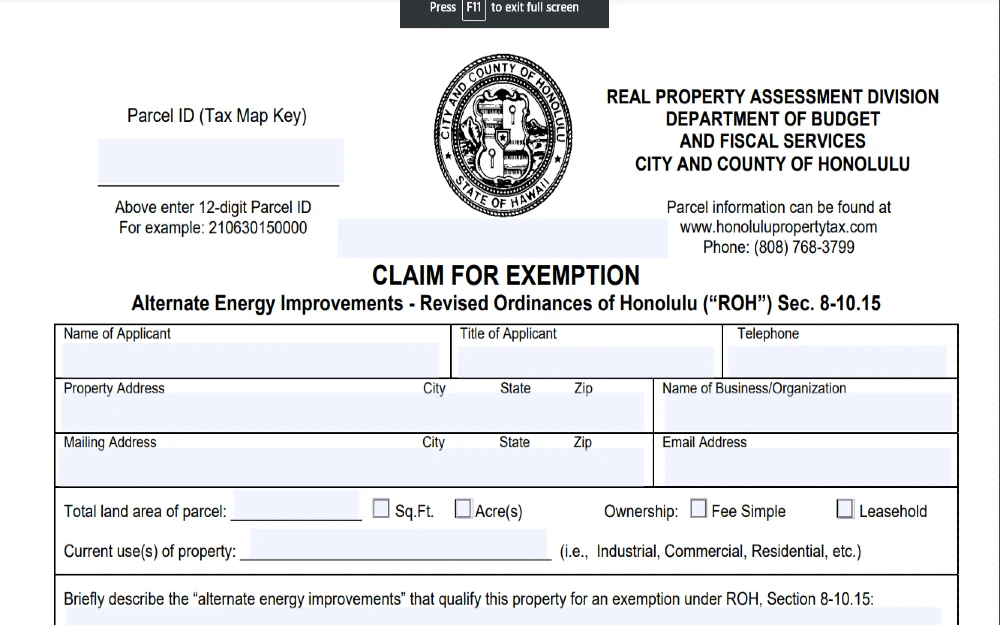 Screenshot of City and County of Honolulu website for media showing a PDF fillable form of City and County of Honolulu Claim For Exemption Form.