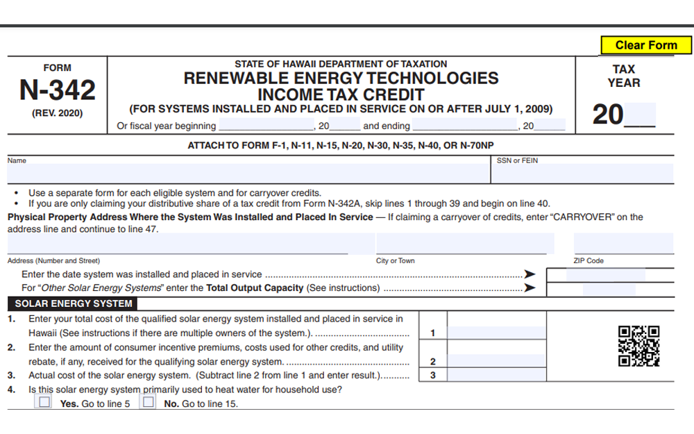 Screenshot of state of Hawaii website for Department of taxation showing the first page of Form N-342 (Renewable Energy Technologies Income Tax Credit).