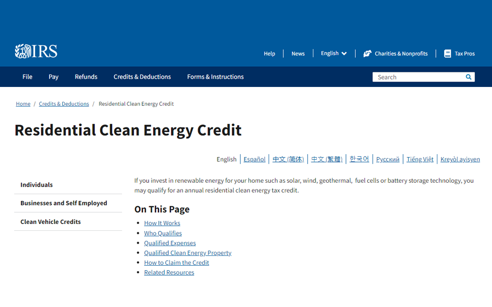 Screenshot of IRS website for Credits & Deductions showing summary of information found under the Residential Clean Energy Credit.
